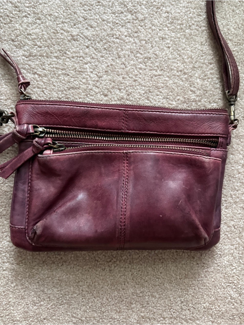 G.H. Bass & Co. Genuine Leather Crossbody Purse Burgundy Multi Zip Bag